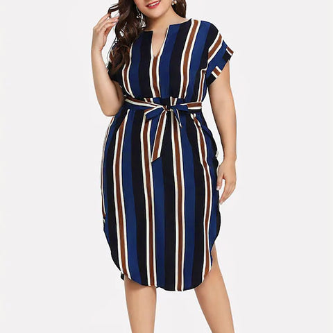 Stripe Dress Women Plus Size Casual V-neck Colorful Print Short Sleeve Sexy Vintage Bandage Shirt Dress Vestido #T3G