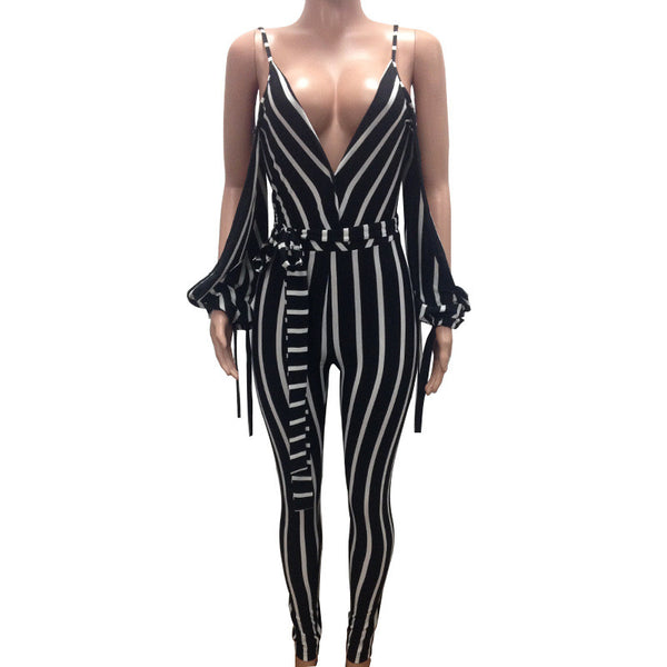 Fashion Striped Long Rompers Jumpsuits 2022 Summer Women Sexy Deep V Neck Split Long Sleeve Slim Bodycon Long Pants Overalls
