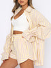 Striped Loose Tracksuit Women Shorts Sets 2023 Spring Summer Casual Female Suits Long Sleeve Shirts+Mini Shorts