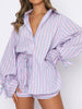 Striped Loose Tracksuit Women Shorts Sets 2023 Spring Summer Casual Female Suits Long Sleeve Shirts+Mini Shorts