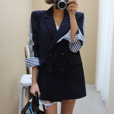 Fashion Striped Patchwork Blazer Double Breasted Pockets Notched Jackets Women Casual Outerwear Ladies Blaser Tops 2022