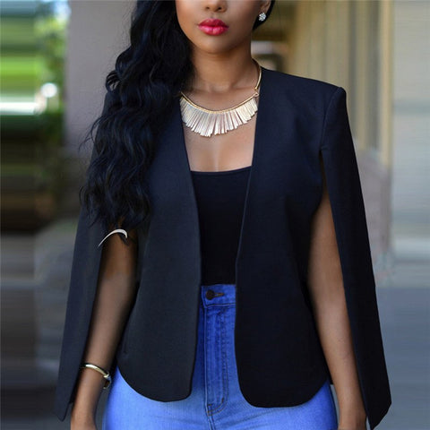 Fashion Style Women Long Sleeve Lapel Cape Casual Business Blazer Womens Coat Outwear Office Ladies Clothing Black/White