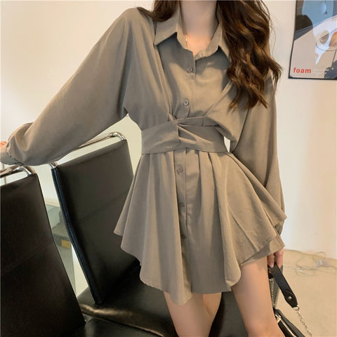 Suit Dresses Female Autumn 2022 Korean Long Sleeve Shirt Dress High Waist Casual Shorts Two Piece Set