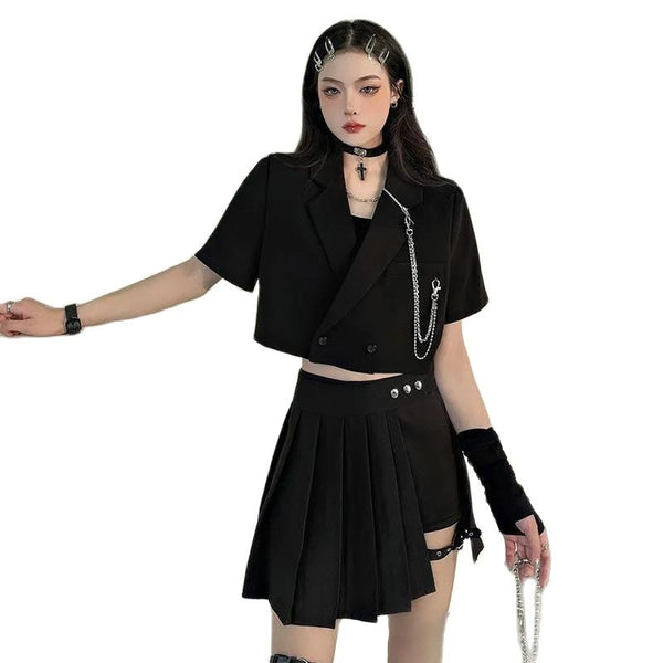 Suit Female 2023 Summer Skirt Suits Design Small Suit Short Sleeve Lapel Loose Short Coat + Pleated Skirt