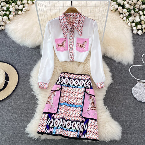 Suit Female Celebrity Temperament Positioning Printing Loose Long-sleeved Shirt 2-piece Set High Waist Skirt Spring
