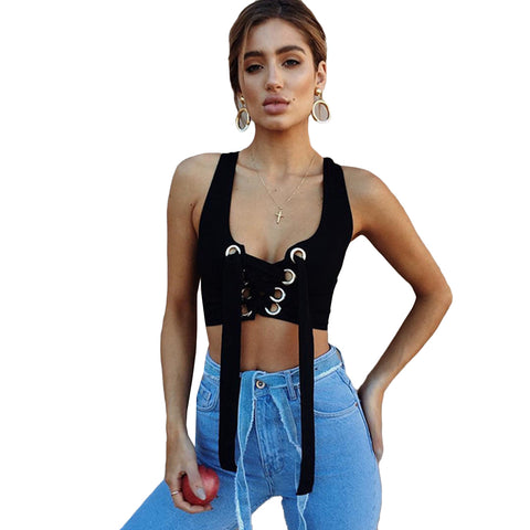 Fashion Summer Bandage Crop Tops Women Sexy Lace Up Tank Top Ladies Hollow Out Sleeveless Camisole Club Cropped Feminino 2022