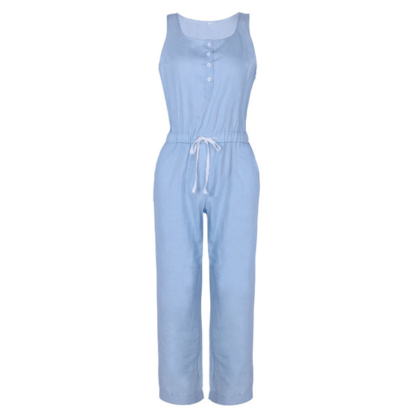 Fashion Summer Denim Jumpsuit Women Vest Sleeveless Elstic Tied Waist Long Trousers Overalls Female Pockets Jeans Jumpsuits