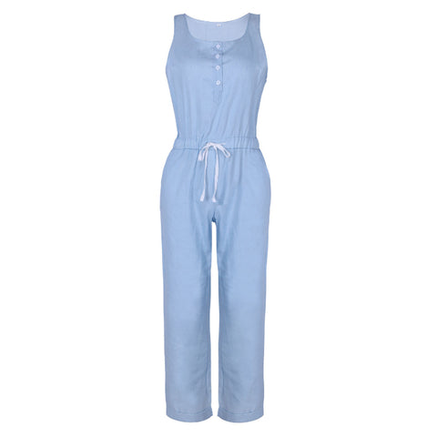 Fashion Summer Denim Jumpsuit Women Vest Sleeveless Elstic Tied Waist Long Trousers Overalls Female Pockets Jeans Jumpsuits
