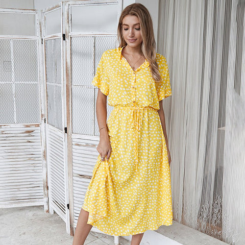 Summer Dress Women 2022 Polka Dot Print High Waist Vintage A-Line Dress Elegant Single-Breasted Boho Midi Long Dresses