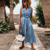 Summer Elegant Sleeveless Button Long Dress Women Turn-Down Collar Denim Party Dress Lady Casual Chic Design DressMujer