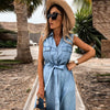 Summer Elegant Sleeveless Button Long Dress Women Turn-Down Collar Denim Party Dress Lady Casual Chic Design DressMujer