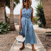 Summer Elegant Sleeveless Button Long Dress Women Turn-Down Collar Denim Party Dress Lady Casual Chic Design DressMujer