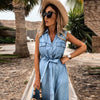 Summer Elegant Sleeveless Button Long Dress Women Turn-Down Collar Denim Party Dress Lady Casual Chic Design DressMujer