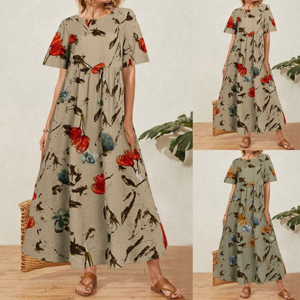 Summer Maxi Dress Women's Printed Sundress Casual Short Sleeve Vestidos Female High Waist Robe Femme Plus Size платье