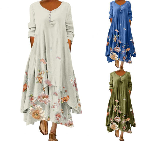 Summer Maxi Dress Women's Vintage Floral Printed Button Sundress Female Casual V Neck Long Sleeve Party Dresses Vestidos