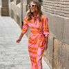 Summer Printed Dress Women Blouse Neck Midi Striped Dress Casual Comfortable Side-Wrap Dress Female Long Sleeve Dresses
