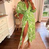 Summer Printed Dress Women Blouse Neck Midi Striped Dress Casual Comfortable Side-Wrap Dress Female Long Sleeve Dresses