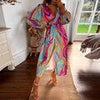 Summer Printed Dress Women Blouse Neck Midi Striped Dress Casual Comfortable Side-Wrap Dress Female Long Sleeve Dresses