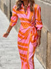 Summer Printed Dress Women Blouse Neck Midi Striped Dress Casual Comfortable Side-Wrap Dress Female Long Sleeve Dresses