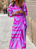 Summer Printed Dress Women Blouse Neck Midi Striped Dress Casual Comfortable Side-Wrap Dress Female Long Sleeve Dresses