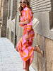 Summer Printed Dress Women Blouse Neck Midi Striped Dress Casual Comfortable Side-Wrap Dress Female Long Sleeve Dresses