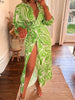Summer Printed Dress Women Blouse Neck Midi Striped Dress Casual Comfortable Side-Wrap Dress Female Long Sleeve Dresses