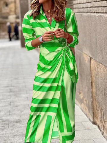 Summer Printed Dress Women Blouse Neck Midi Striped Dress Casual Comfortable Side-Wrap Dress Female Long Sleeve Dresses