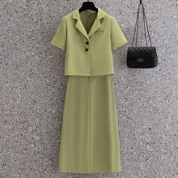 Summer Skirt Suit Women's Short-Sleeved Crop Blazer Coat And Pencil Split Skirt 2 Two Piece Set Office Lady Casual M-4XL