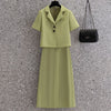 Summer Skirt Suit Women's Short-Sleeved Crop Blazer Coat And Pencil Split Skirt 2 Two Piece Set Office Lady Casual M-4XL
