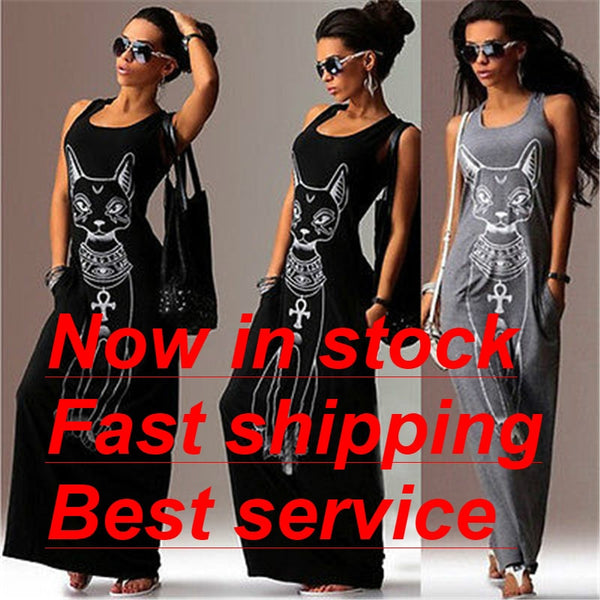 Summer Women Sleeveless Stretchy Slim Bandage Bodycon Dress Casual Print O-Neck Maxi Long Dress