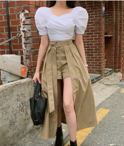 Summer Women's Elegant Puff Short Sleeve Blouses+Split Type Lace up Irregularity Culotte Two Piece Set Chic Female Suit
