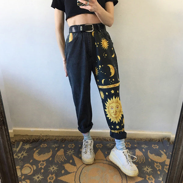 Sun Star Printed Pants Jeans Women Autumn Black High Waist Young Girls Chic Denim Trousers Woman Cool Boyfriends Jeans