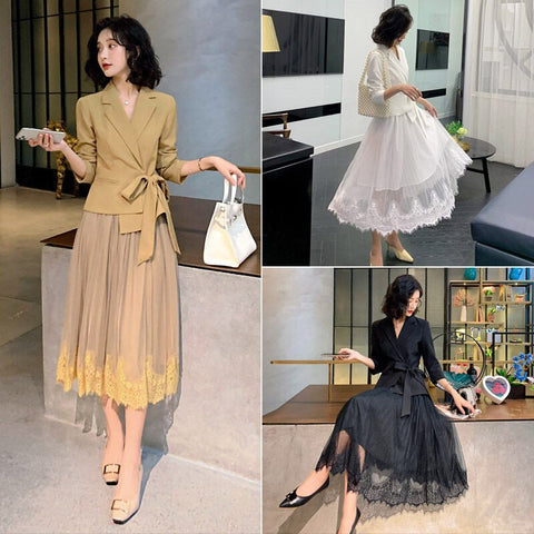 Temperament Blazer Trend Suit Female 2023 Spring and Autumn Suit Mesh Pleated Skirt Elegant Two-piece Suit Lady K372