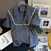 Temperament Women Summer 2 Piece Set Diamonds Sailor Collar Turn Down Collar Short Sleeve+High Waist Pleated Skirt Suits