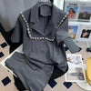 Temperament Women Summer 2 Piece Set Diamonds Sailor Collar Turn Down Collar Short Sleeve+High Waist Pleated Skirt Suits