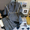 Temperament Women Summer 2 Piece Set Diamonds Sailor Collar Turn Down Collar Short Sleeve+High Waist Pleated Skirt Suits
