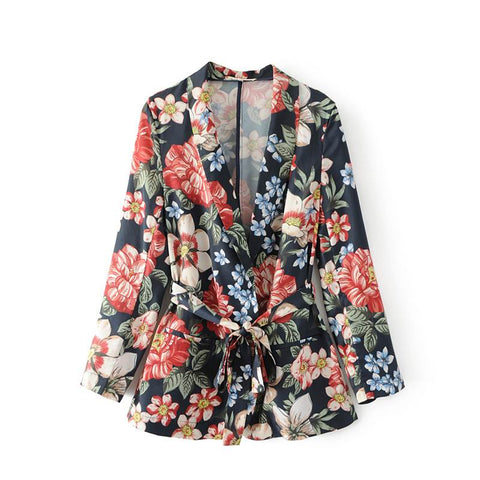 Fashion Thin Black Floral Print Blazers Women Fashion None Button Blazer Jacket With Sashes Female Spring Autumn Outerwear Coat