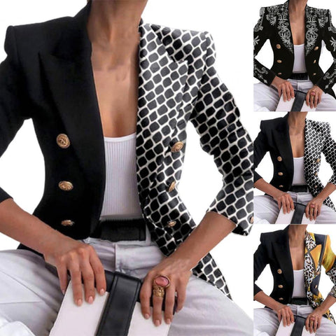 Turn-Down Collar Women Blazer Print Double Breasted Autumn Winter Lapel Long Sleeve Slim Suits Jacket for Office