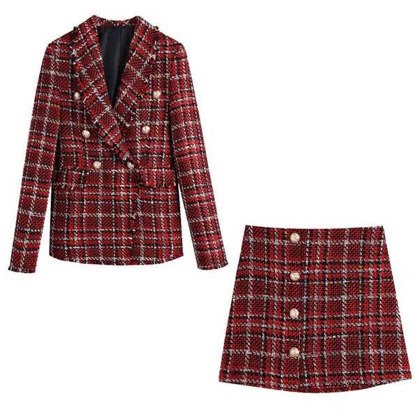 Tweed Plaid Blazer Suit Two Piece Set 2023 Women Double Breasted Casual Office Blazer High Waist Mini Skirt Suits Slim