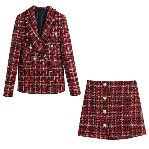 Tweed Plaid Blazer Suit Two Piece Set 2023 Women Double Breasted Casual Office Blazer High Waist Mini Skirt Suits Slim