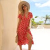 V Neck Floral Midi Dress Women Chiffon Ruffle Sundress Summer Short Sleeve Split Dress Female High Waist Beach Dress