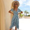 V Neck Floral Midi Dress Women Chiffon Ruffle Sundress Summer Short Sleeve Split Dress Female High Waist Beach Dress
