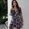 V-neck Long Sleeve Chiffon Floral Print Dress Casual Lace Up High Waist Beachwear Loose Temperamt Commute Mini Dress