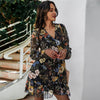 V-neck Long Sleeve Chiffon Floral Print Dress Casual Lace Up High Waist Beachwear Loose Temperamt Commute Mini Dress