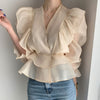 Vintage Chiffon Blouse Women 2023 Puff Sleeve Ruffles V-neck Shirt Women Silm Casual Womens Blouses Tops Mujer 10334