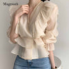 Vintage Chiffon Blouse Women 2023 Puff Sleeve Ruffles V-neck Shirt Women Silm Casual Womens Blouses Tops Mujer 10334