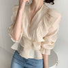 Vintage Chiffon Blouse Women 2023 Puff Sleeve Ruffles V-neck Shirt Women Silm Casual Womens Blouses Tops Mujer 10334