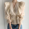 Vintage Chiffon Blouse Women 2023 Puff Sleeve Ruffles V-neck Shirt Women Silm Casual Womens Blouses Tops Mujer 10334