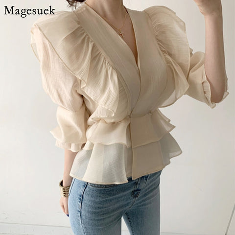 Vintage Chiffon Blouse Women 2023 Puff Sleeve Ruffles V-neck Shirt Women Silm Casual Womens Blouses Tops Mujer 10334