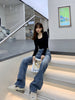 Wash Jeans High Waist Slimming Metal Chain Decorative Trousers 2022 Spring/Autumn Distressed Retro Straight-Leg Pants